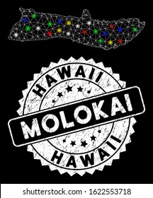 Bright mesh Molokai Island map with glow effect, and rubber print. Wire carcass triangular Molokai Island map mesh in vector format on a black background. White round seal stamp with rubber texture.
