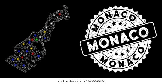 Bright mesh Monaco map with glow effect, and rubber print. Wire carcass polygonal Monaco map network in vector format on a black background. White round rubber seal with scratched texture.