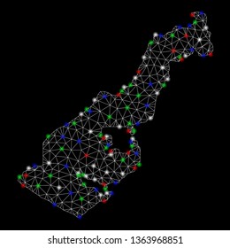 Bright mesh Monaco map with lightspot effect. Wire frame triangular network in vector format on a black background. Abstract 2d mesh designed with triangular lines, round dots, colorful flare spots.