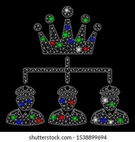 Bright mesh monarchy structure with lightspot effect. White wire frame polygonal mesh in vector format on a black background. Abstract 2d mesh designed with polygonal grid, dots, colored glare spots.