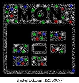 Bright mesh Monday calendar grid with lightspot effect. White wire carcass polygonal network in vector format on a black background. Abstract 2d mesh designed with polygonal grid, small circle,