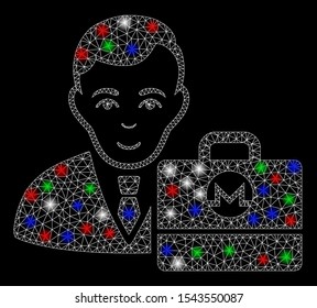 Bright mesh Monero accounter with glare effect. White wire carcass triangular mesh in vector format on a black background. Abstract 2d mesh designed with triangular lines, spheric points,