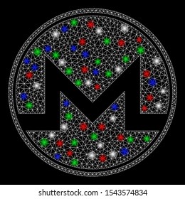 Bright mesh Monero coin with glare effect. White wire carcass polygonal mesh in vector format on a black background. Abstract 2d mesh built from triangles, dots, colored glare spots.