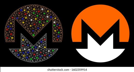 Bright mesh Monero currency icon with glitter effect. Abstract illuminated model of Monero currency. Shiny wire frame triangular mesh Monero currency icon. Vector abstraction on a black background.