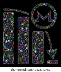 Bright mesh Monero falling acceleration graph with glow effect. White wire frame triangular mesh in vector format on a black background. Abstract 2d mesh designed with triangular lines, round dots,