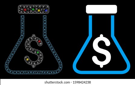 Bright mesh money alchemy icon with glitter effect. Abstract illuminated model of money alchemy. Shiny wire frame triangular mesh money alchemy icon. Vector abstraction on a black background.