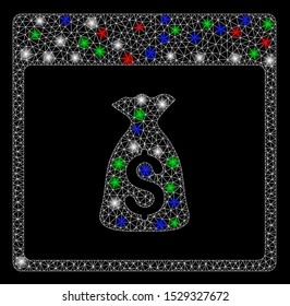 Bright mesh money bag calendar page with glare effect. White wire carcass triangular mesh in vector format on a black background. Abstract 2d mesh created from triangular lines, small circle,