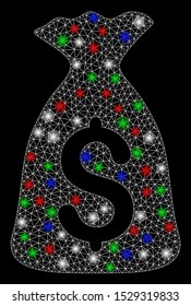 Bright mesh money bag with lightspot effect. White wire carcass triangular mesh in vector format on a black background. Abstract 2d mesh designed with triangular lines, small circle,