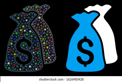 Bright mesh money bags icon with glitter effect. Abstract illuminated model of money bags. Shiny wire carcass triangular mesh money bags icon. Vector abstraction on a black background.