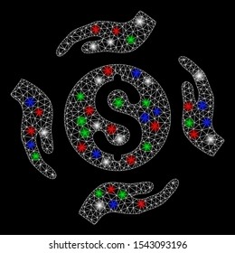 Bright mesh money care hands with lightspot effect. White wire carcass polygonal network in vector format on a black background. Abstract 2d mesh designed with polygonal grid, small circle,