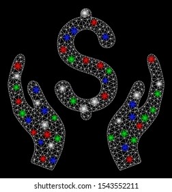 Bright mesh money care hands with lightspot effect. White wire frame triangular network in vector format on a black background. Abstract 2d mesh designed with triangular lines, small circle,