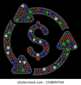 Bright mesh money circulation with lightspot effect. White wire carcass polygonal mesh in vector format on a black background. Abstract 2d mesh designed with polygonal grid, small circle,