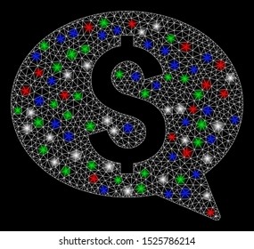 Bright mesh money message with glare effect. White wire carcass triangular mesh in vector format on a black background. Abstract 2d mesh built from triangular lines, small circle,