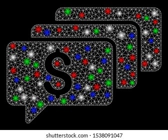 Bright mesh money messages with glare effect. White wire carcass polygonal mesh in vector format on a black background. Abstract 2d mesh designed with polygonal grid, points, colored flash spots.