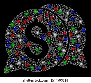 Bright mesh money messages with lightspot effect. White wire carcass polygonal mesh in vector format on a black background. Abstract 2d mesh designed with polygonal grid, dots, colorful light spots.