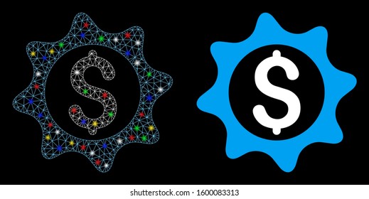 Bright mesh money seal icon with glow effect. Abstract illuminated model of money seal. Shiny wire carcass triangular mesh money seal icon. Vector abstraction on a black background.
