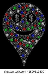 Bright mesh money smiley map marker with lightspot effect. White wire frame polygonal mesh in vector format on a black background. Abstract 2d mesh designed with triangular lines, spheric points,