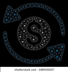 Bright mesh money turnover with glare effect. Abstract illuminated model of money turnover icon. Shiny wire carcass polygonal mesh money turnover. Vector abstraction on a black background.