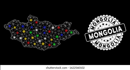 Bright mesh Mongolia map with glare effect, and stamp. Wire carcass triangular Mongolia map mesh in vector format on a black background. White round seal stamp with scratched surface.