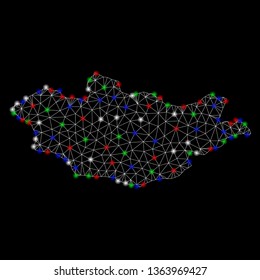 Bright mesh Mongolia map with lightspot effect. Wire frame polygonal mesh in vector format on a black background. Abstract 2d mesh built from polygonal grid, dots, colored light spots.