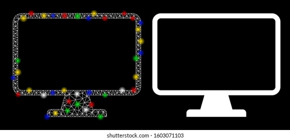 Bright mesh monitor icon with sparkle effect. Abstract illuminated model of monitor. Shiny wire frame triangular mesh monitor icon. Vector abstraction on a black background.