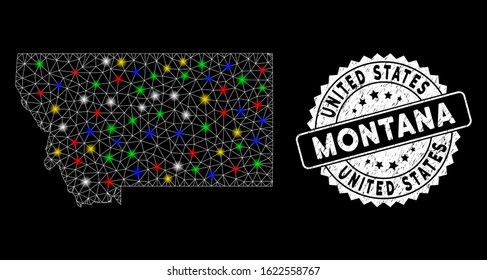Bright mesh Montana State map with glow effect, and watermark. Wire frame triangular Montana State map mesh in vector format on a black background. White round watermark with rubber texture.