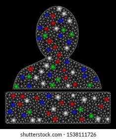 Bright mesh monument with glare effect. White wire frame polygonal mesh in vector format on a black background. Abstract 2d mesh built from polygonal grid, spheric points, colored flare spots.