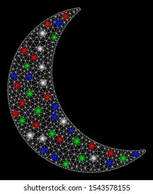 Bright mesh moon with glow effect. White wire frame triangular mesh in vector format on a black background. Abstract 2d mesh built from triangular lines, points, colored flash spots.