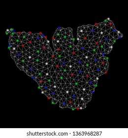 Bright mesh Moorea Island map with glow effect. Wire frame polygonal mesh in vector format on a black background. Abstract 2d mesh designed with triangles, small circle, colored light spots.