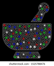 Bright mesh mortar with lightspot effect. White wire frame polygonal mesh in vector format on a black background. Abstract 2d mesh designed with triangular lines, dots, colored flash spots.