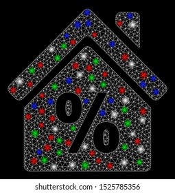 Bright mesh mortgage discount with lightspot effect. White wire carcass triangular mesh in vector format on a black background. Abstract 2d mesh created from triangular lines, dots,