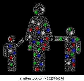 Bright mesh mother and children with glare effect. White wire frame polygonal mesh in vector format on a black background. Abstract 2d mesh created from polygonal grid, dots, colored glare spots.