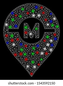 Bright mesh motor marker with lightspot effect. White wire carcass triangular mesh in vector format on a black background. Abstract 2d mesh designed with triangular lines, small circle,