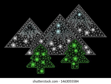 Bright mesh mountains forest with sparkle effect. Abstract illuminated model of mountains forest icon. Shiny wire frame triangular mesh mountains forest. Vector abstraction on a black background.