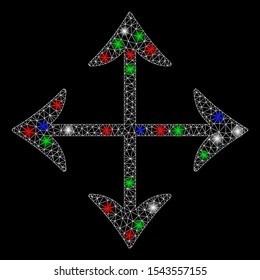 Bright mesh move with glare effect. White wire frame triangular mesh in vector format on a black background. Abstract 2d mesh designed with triangular lines, dots, colorful flash spots.