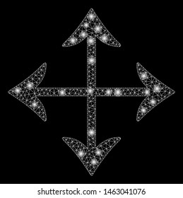 Bright mesh move with lightspot effect. Abstract illuminated model of move icon. Shiny wire carcass triangular mesh move. Vector abstraction on a black background.