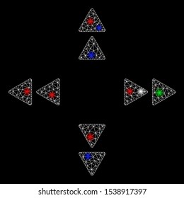 Bright mesh move out triangles with lightspot effect. White wire frame triangular mesh in vector format on a black background. Abstract 2d mesh designed with triangular lines, points,