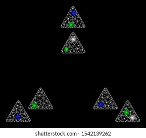 Bright mesh move out triangles with glow effect. White wire frame triangular mesh in vector format on a black background. Abstract 2d mesh created from triangular lines, round dots,