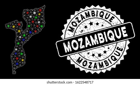 Bright mesh Mozambique map with glow effect, and seal. Wire carcass triangular Mozambique map network in vector format on a black background. White round seal stamp with grunged textures.