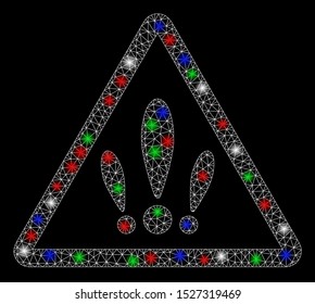 Bright mesh multiple problems with lightspot effect. White wire frame triangular mesh in vector format on a black background. Abstract 2d mesh designed with triangular lines, spheric points,