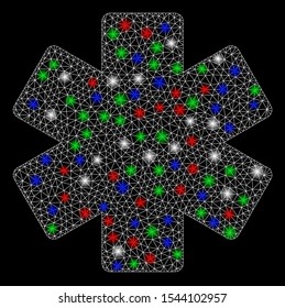 Bright mesh multiply math operation with glare effect. White wire frame polygonal mesh in vector format on a black background. Abstract 2d mesh built from polygonal grid, dots, colored light spots.