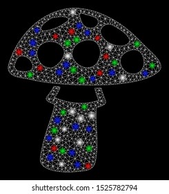 Bright mesh mushroom with lightspot effect. White wire carcass triangular mesh in vector format on a black background. Abstract 2d mesh designed with triangular lines, spheric points,