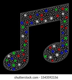 Bright mesh music with lightspot effect. White wire carcass triangular mesh in vector format on a black background. Abstract 2d mesh designed with triangular lines, points, colored light spots.