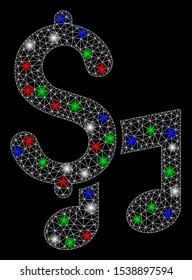 Bright mesh music price with glow effect. White wire frame polygonal mesh in vector format on a black background. Abstract 2d mesh built from triangles, spheric points, colored flare spots.