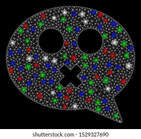 Bright mesh mute smiley message with glow effect. White wire frame polygonal mesh in vector format on a black background. Abstract 2d mesh designed with triangles, round dots, colored light spots.