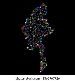 Bright mesh Myanmar map with glare effect. Wire frame triangular mesh in vector format on a black background. Abstract 2d mesh created from triangular lines, dots, colored glare spots.