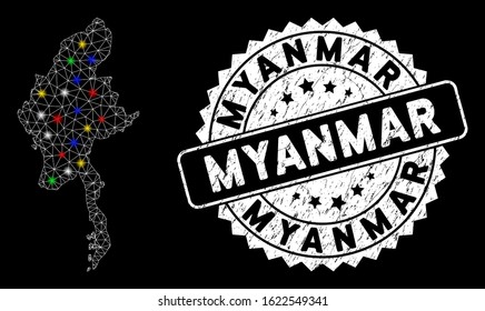 Bright mesh Myanmar map with glare effect, and stamp. Wire frame triangular Myanmar map mesh in vector format on a black background. White round stamp imprint with distress textures.