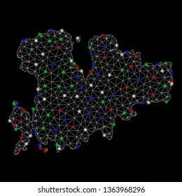 Bright mesh Mykonos Island map with lightspot effect. Wire carcass polygonal mesh in vector format on a black background. Abstract 2d mesh designed with polygonal grid, points, colored flash spots.
