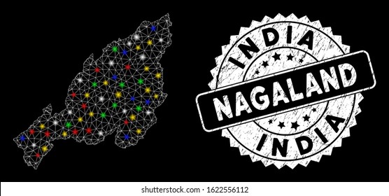 Bright mesh Nagaland State map with lightspot effect, and rubber print. Wire carcass triangular Nagaland State map mesh in vector format on a black background.
