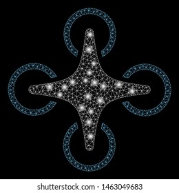 Bright mesh nanocopter with lightspot effect. Abstract illuminated model of nanocopter icon. Shiny wire carcass triangular mesh nanocopter. Vector abstraction on a black background.